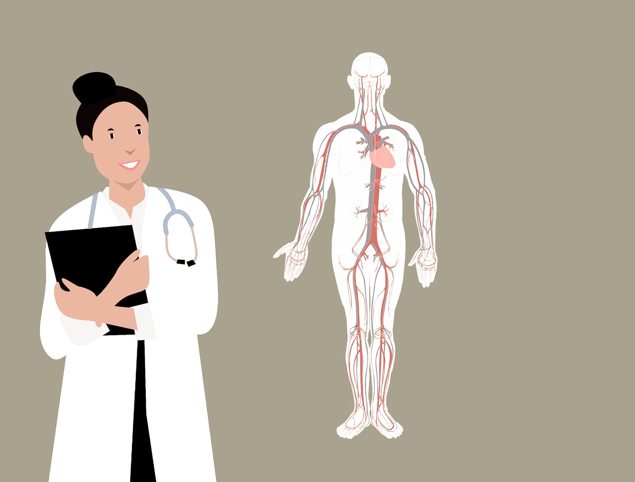 Cartoon, female doctor explains human body.