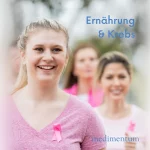 Young, blonde, laughing woman with a pink T-shirt and a cancer ribbon of the same color in the foreground. In the background, out of focus, two women and a man, laughing, in nature. Lettering: "nutrition and cancer", "medimentum".